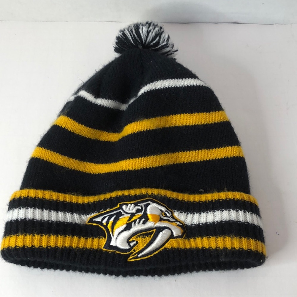 Nashville Predators Knit Winter Hat Youth Pompom Black Gold White